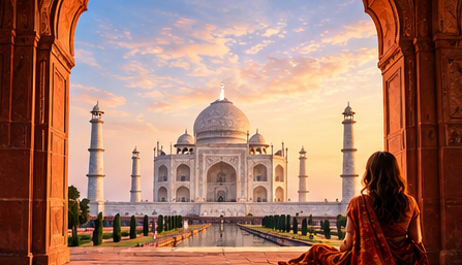 Taj Mahal, durch einen roten Bogen gesehen