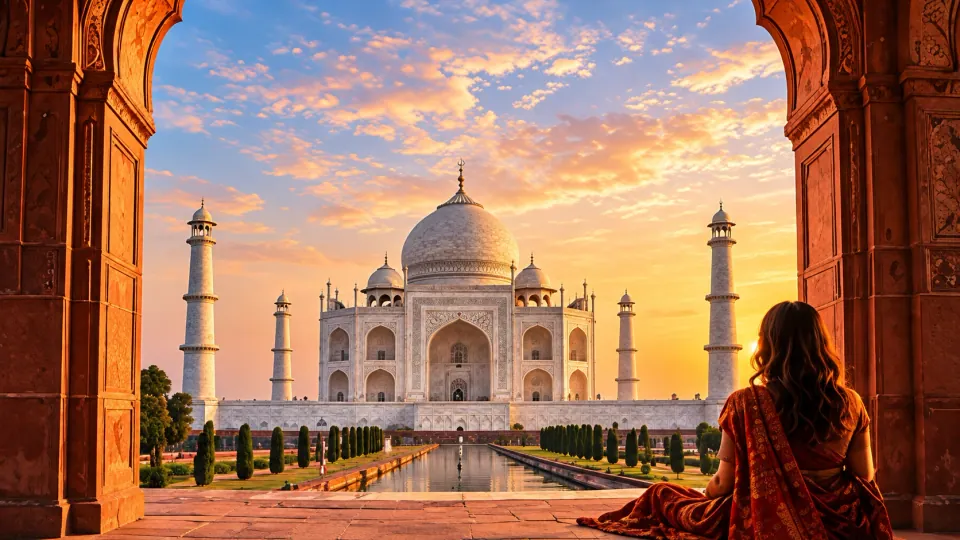 Taj Mahal, durch einen roten Bogen gesehen